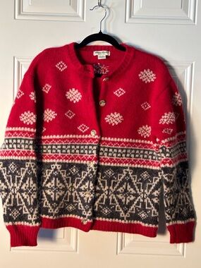 Vintage Eddie Bauer Red White Gray Fair Isle Wool Alpaca Cardigan MP Festive